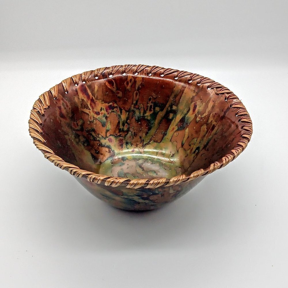 Colorful Metal Perforated Rim Bamboo Wrapped Bowl